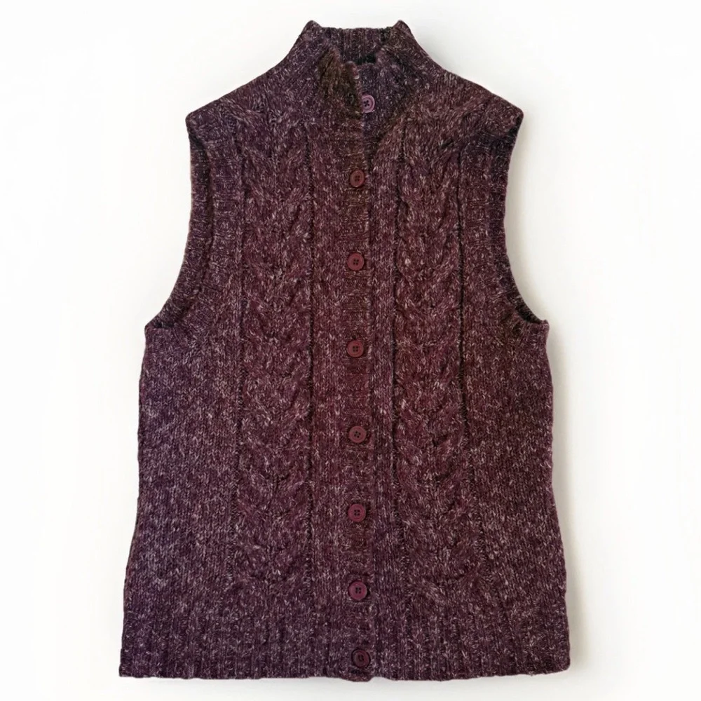 LL BEAN Women’s Burgundy Cable Knit Wool Blend Cardigan Sweater Vest Academia